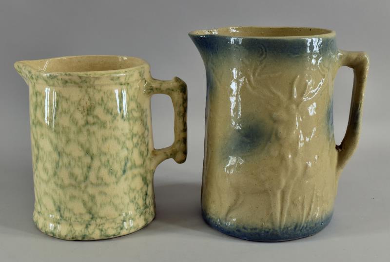 Blue And White Stoneware Salt Glaze Stag Pitcher: Consisting Of The Stag And Pine Tree Pitcher Measuring 8.5" Tall And 8" Across Spout To Handle. In Excellent Condition, No Nicks, Chips Or Cracks. Together With A Spatter Green Glazed Pitcher Measurin