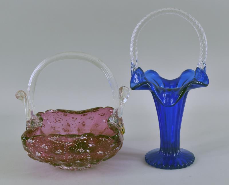 Venetian And Imperial Glass Baskets: Consisting Of A Red Applied Handle Venetian Glass Basket, With The Original Foil Label And A Cobalt Blue Imperial Glass Basket. Bother Are In Good Condition, No Nicks, Chips Or Cracks, The Venetian Ba