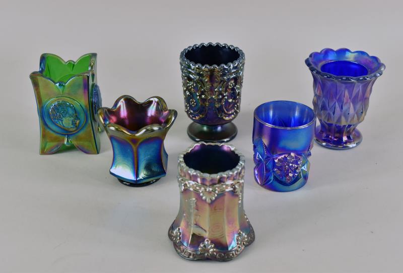 Group Of Carnival Glass Toothpick Holders: Consisting Of Six St Clair, Imperial And Fenton Carnival Glass Toothpick Holders. The Tallest Is The Imperial Glass Diamond Pattern Measuring Almost 3" Tall And 2.5" Across. All Are In Good Condition,