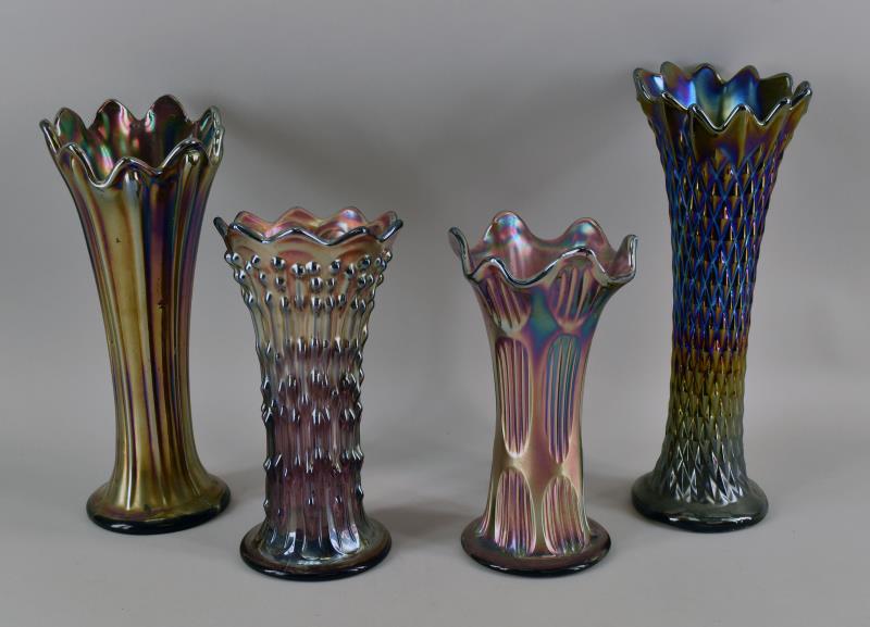 Fenton And Northwood Carnival Glass Vases: Consisting Of Two Northwood Vases, Fine Rim In Amethyst Measuring 10" Tall And 3.5" Across The Base. The Northwood Diamond Point In Amethyst Measuring 11" Tall And 3.5" Across The Base, With 12 Points