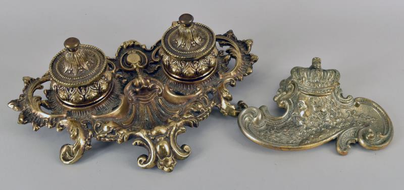 Mardi Gras 1911 Rex Ball Favor Ink Well: Featuring The Rex 1911 Mardi Gras Ball Favor Of A Brass Plated Iron Inkwell. The Inkwell Measures 7.25" Long And 5.5" Wide, It Has The Original Glass Inkwell. Together With A Wave Form Double Brass Pl
