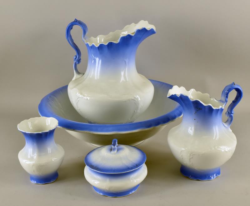 Vintage Wash Basin And Pitcher Set: Consisting Of Five Piece Of Thomas China. A Large Bowl, Pitcher, A Small Pitcher, A Covered Soap Dish (missing Insert) And A Small Vase Or Brush Holder. The Large Bowl Measures 16.5" Across And 4" Tal