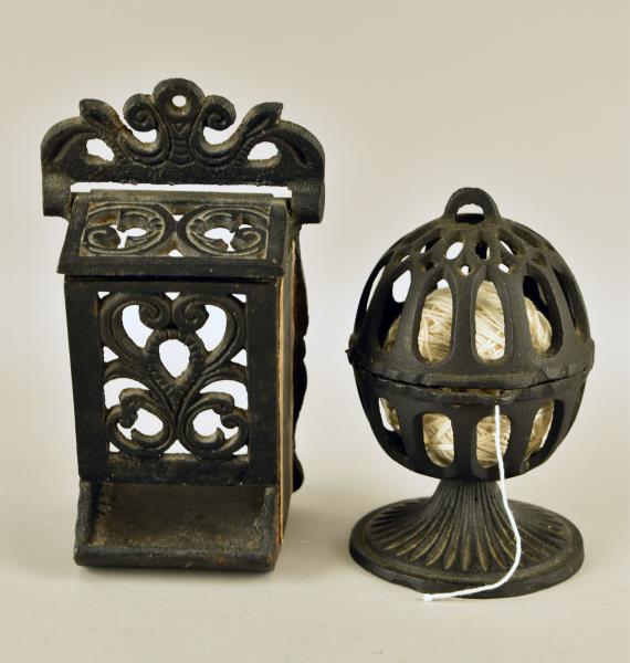 Cast Iron Match Holder And Striker: Consisting Of A Wall Mount Cast Iron Match Box Holder And Striker, Measuring 7.5" Long And 4" Wide. Together With A Reproduction Cast Iron String Holder, Measuring 6" Tall And 4" Across, Marked Taiwan