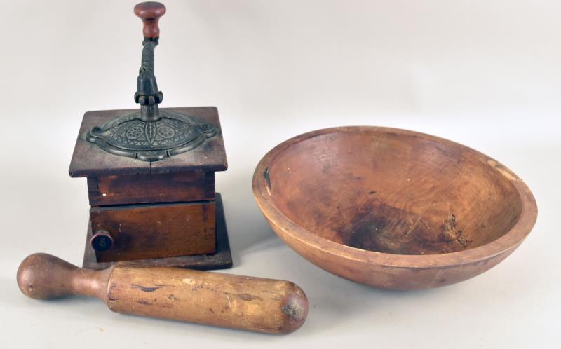 Wood Dough Bowl, Coffee Grinder And Wood Pestle: Consisting Of A Wood Dough Bowl Measuring 11.5" Across And 3" Tall. Together With A Wood Pestle Or Masher Measuring 11" Long And A Wood And Iron Coffee Grinder Measuring 6" By 6" Square And 8.5" To Th