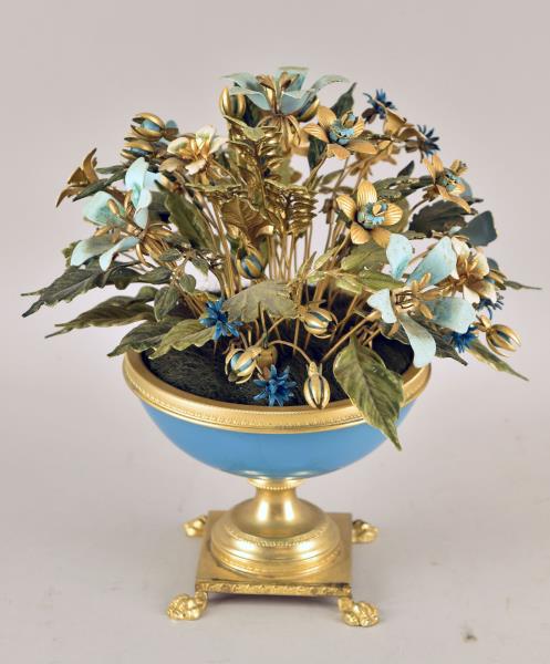 Jane Hutcheson Blue Opaline Enamel Flowers: Consisting Of A Blue Opaline Pedestal Vase With Enamel Flowers, Measuring 8.25" Tall And 6.5" Across. It Is In Good Condition, The Flowers Need Reshaped And There Are Dirt Lines On The Inside Of The B