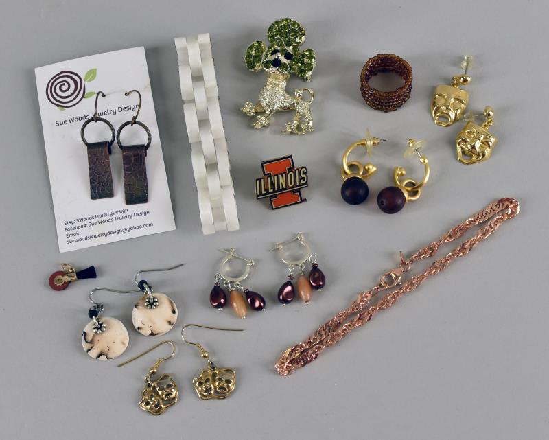 Group Of Pins And Earrings: Featuring A Poodle Pin, A Ring, Six Pairs Of Earrings Including Two Pair Of Comedy/tragedy Earrings, A Milor Italy Bronze Chain Link Bracelet, A Glass & Sterling Link Bracelet And An Illini Pin Back.