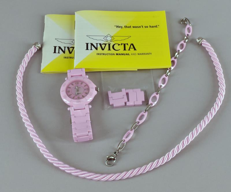 Pink Invicta Watch: The Watch Is Working. Together With A Pink Cord Necklace And A Pink Chain Link Bracelet. The Cord Necklace Measures 17" Long, The Bracelet Is 8". The Invicta Watch Has Two Extra Links And Measures 7"