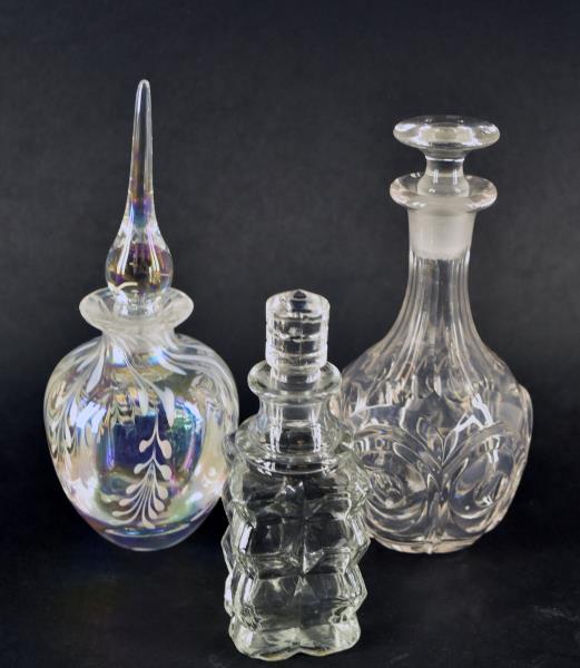 Early Crystal Glass Bull's Eye Perfume Bottle: Featuring An Early Crystal Perfume Bottle In A Bull's Eye Pattern Measuring 6" Tall And 2.75" Wide. In Good Condition, Missing Dauber, No Nicks, Chips Or Cracks. Together With Two Additional Perfume B