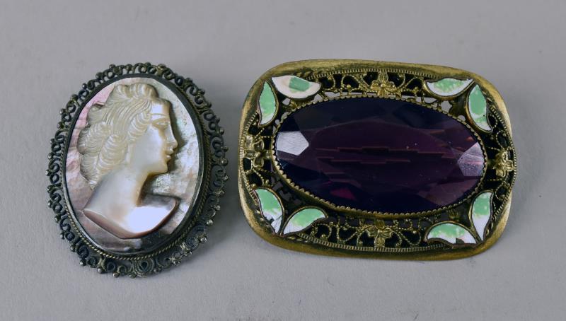 Victorian Enamel Pin: Featuring A Victorian Filigree Brass Pin With A Large Purple Center Stone, Measuring 1.5" Long And 1.25" Wide, In Good Condition. Together With A Filigree Carved Abalone Cameo On A Pin/pendant, Measur