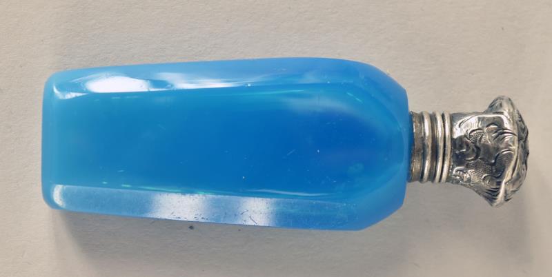Blue Opaline And Silver Top Perfume Bottle: Featuring A Small Traveling Blue Opaline Glass Perfume Bottle With A Silver Flip Top. The Perfume Bottle Has The Original Small Internal Stopper But It Is Missing The Dauber. There Are Several Hallmar