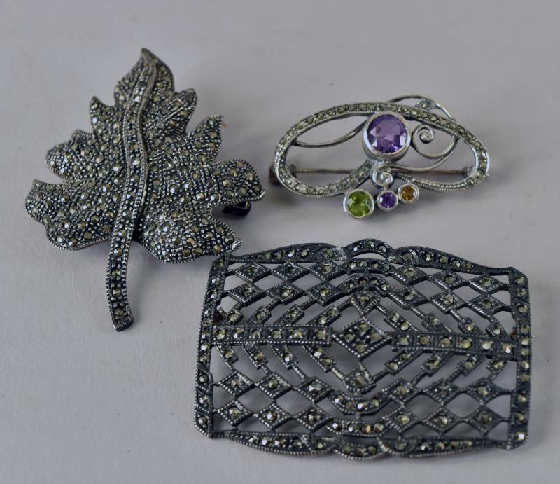 Sterling And Marcasite Pins: Featuring Three Pins Of Sterling Marcasite. The Square Pin Measures 2.25" Long And 1.5" Wide. All The Pins Are In Excellent Condition, No Missing Stones.
