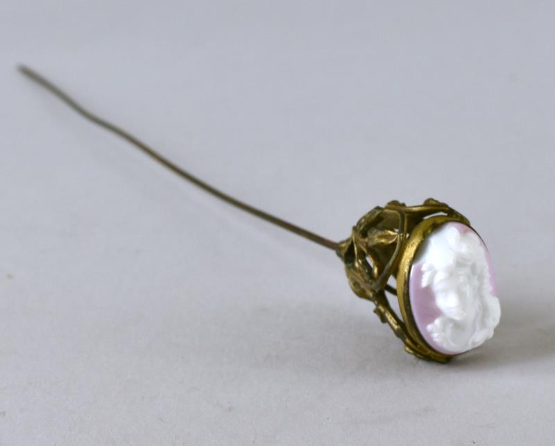 Victorian Cameo Hat Pin: Featuring A Pink Victorian Carved Cameo Hat Pin. The Cameo Measures 1" Long And .5" Wide, There Is A Chip In The Top, A Photo Is Included. The Hat Pin Measures 9" Long.