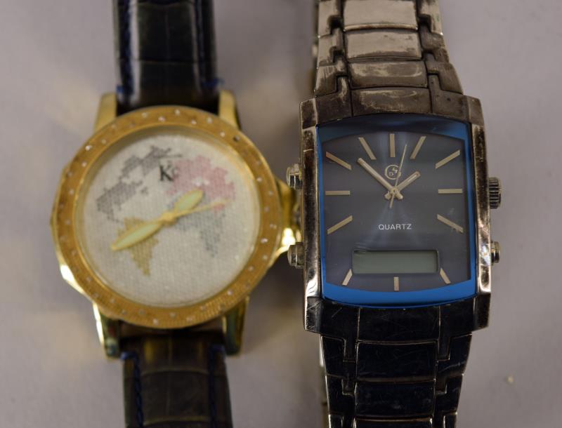 Techno Com By Kc Diamonds World Map Watch: Featuring The Techno Com By Kc Full Case Simulated Diamonds World Map Face Watch, With Leather Band (needs Replaced). Together With A George Stainless Steel Wrist Watch.