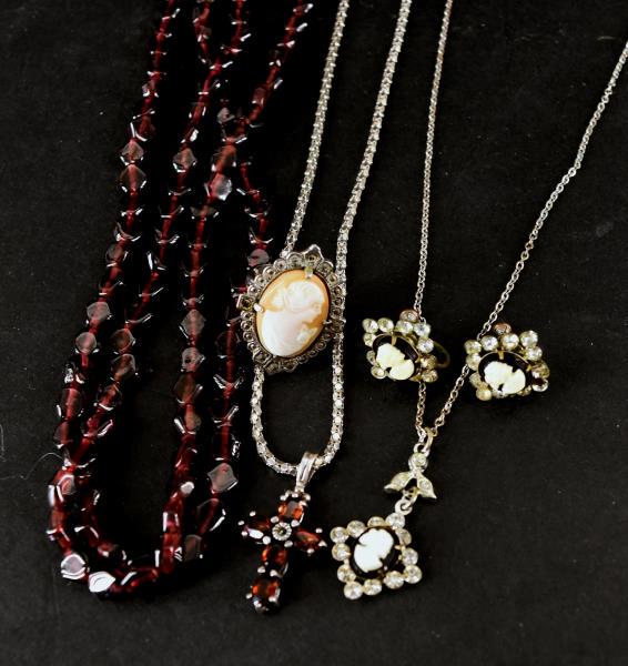 Sterling Silver And Garnet Cross Necklace: Together With A Sterling And Marcasite Cameo Ring, A Rhinestone And Cameo Necklace And Earrings And A Garnet Necklace.