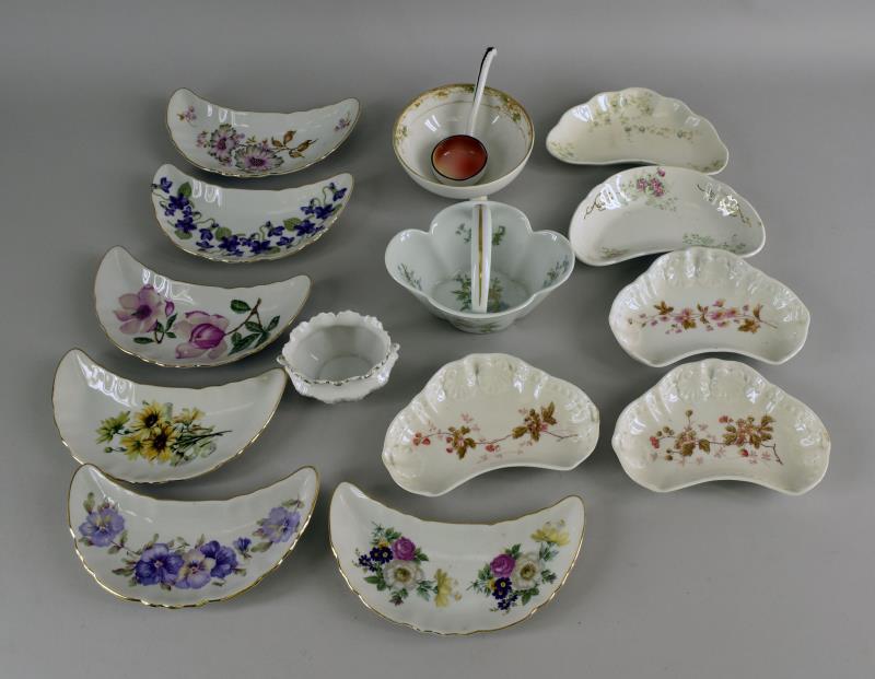 Collection Of Porcelain Table Articles: Consisting Of Eleven Bone Dishes Of Various Patterns, A Haviland Limoges Basket, A Nippon Three Footed Bowl With Spoon And A Small Porcelain Bowl. All Are In Gently Used Condition, No Cracks Or Chips.