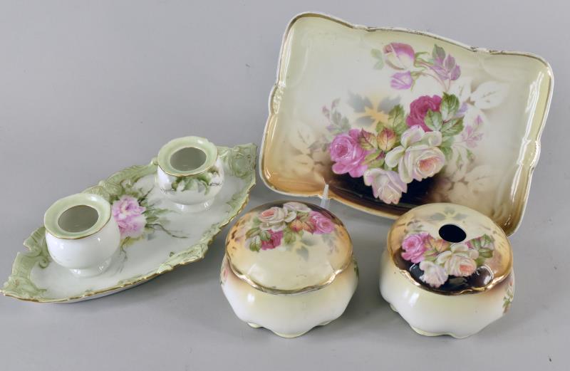 Victorian Hand Painted Dresser Tray: Featuring A Marked Germany Hand Painted Dresser Tray With A Hair Receiver And Powder Box. The Tray Measures 9" Long And 6" Wide. The Powder Box And Hair Received Are Approximately 3" Tall And 4" Wide.