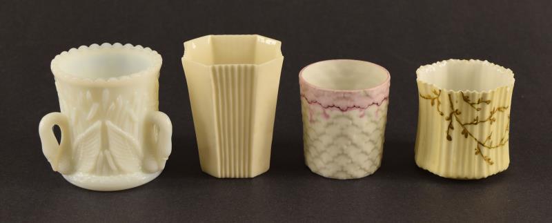 Belleek Black Mark Toothpick Holder: Together With Two Additional Porcelain Toothpick Holders And A Swan And Rushes Glass Toothpick Holder. All Are In Good Condition, No Nicks, Chips Or Cracks. The Belleek Measures 2.75" Tall And 2" Acro