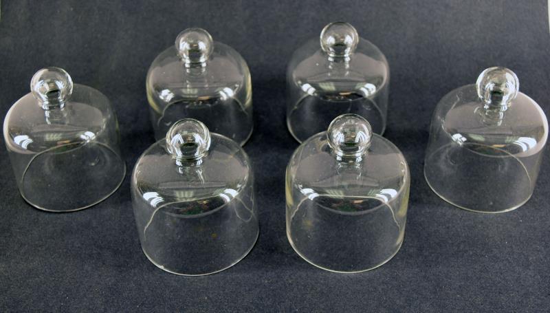 Six Vintage Glass Domes: Featuring Six Small Glass Domes With A Knob Handle, Measuring Approximately 4" Tall And 3.5" Across The Bottom. All Six Are In Excellent Condition, No Nicks, Chips Or Cracks.