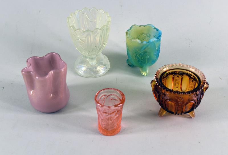 Group Of Glass Toothpick Holders: Featuring Five Glass Toothpick Holders In Patterns Of Stork And Rushes, Beaded Loop, Strawberry, Pink And Gold Art Glass And Pink Birds. All Are In Excellent Condition, No Nicks, Chips Or Cracks. The