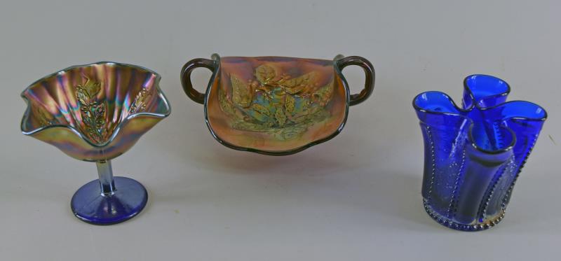 Millersburg And Fenton Holly Carnival Glass: Featuring The Millersburg Holly Carnival Glass Bowl In Amethyst. Together With The Fenton Holly Compote In Amethyst And A Cobalt Blue Holly Pattern Handkerchief Vase. The Millersburg Measures 7" Acros