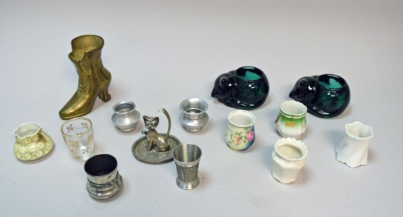Collection Of Misc Items: Consiting Of Five Porcelain Toothpick Holders, Four Metal Toothpick Holders, A Glass Shot Glass, A Metal Cat Ring Tray, A Brass Boot And Two Glass Cat Votive Holders. The Tallest Is The Brass Boot Mea