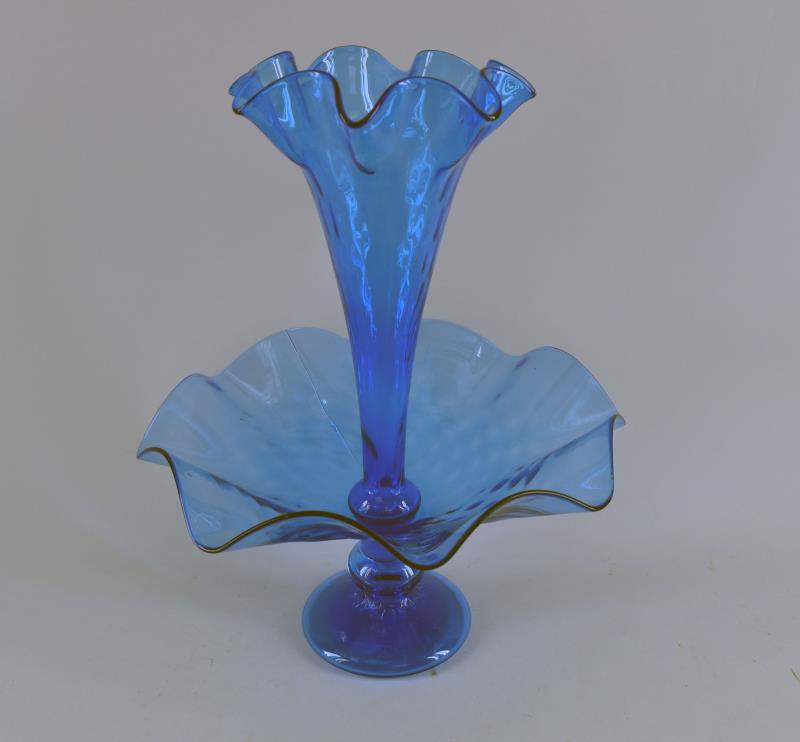 Blue Ruffled Glass Epergne: Featuring A Single Stand Epergne In A Ruffled Glass, It Has Crack In The Bowl. The Piece Measures 15" Tall And Just Over 12" Across.