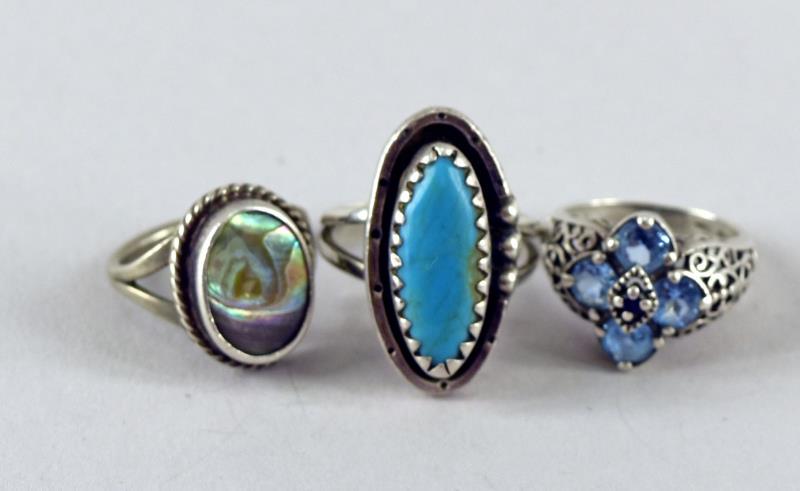 Sterling Silver Navajo Turquoise Ring: Featuring An Oval Turquoise Ring With Illegible Native American Hallmarks, Marked 925 With An Arrow. Together With A Sterling And Blue Topaz Ring Marked 925 And An Abalone Ring, Unmarked. They Are Tur