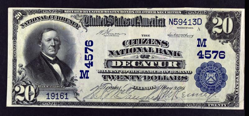 1914 $20 Decatur Illinois National Currency: One Series Of 1902 $20 National Currency Of The Citizens National Bank Of Decatur Illinois, Dated May 9, 1914
