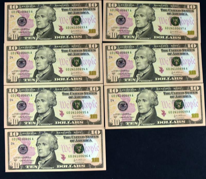 7-2004 $10 Consecutive Federal Reserve Notes (1 of 6)