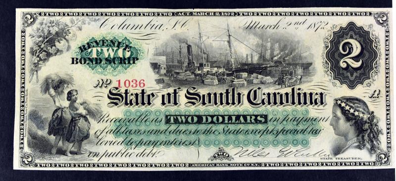 1872 $2 State Of South Carolina Revenue Bond Scrip (1 of 6)