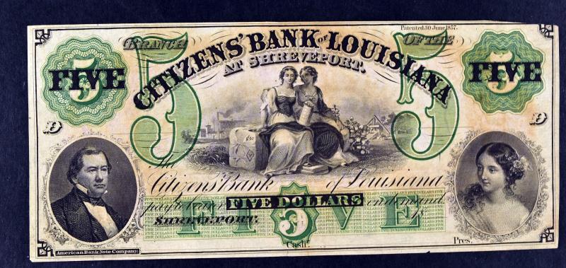 1800's $5 Citizens' Bank Louisiana Obsolete Note (1 of 6)