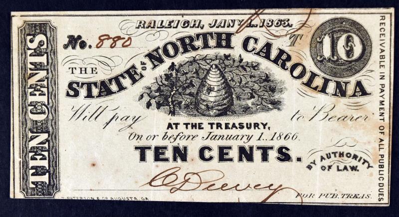 1863 10 Cent North Carolina Obsolete Note (1 of 2)