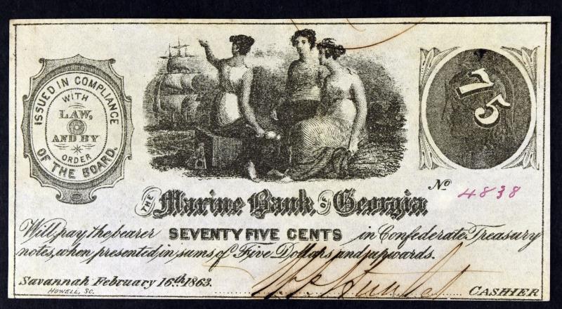 1863 75 Cents Marine Bank Of Georgia Obsolete Note (1 of 2)