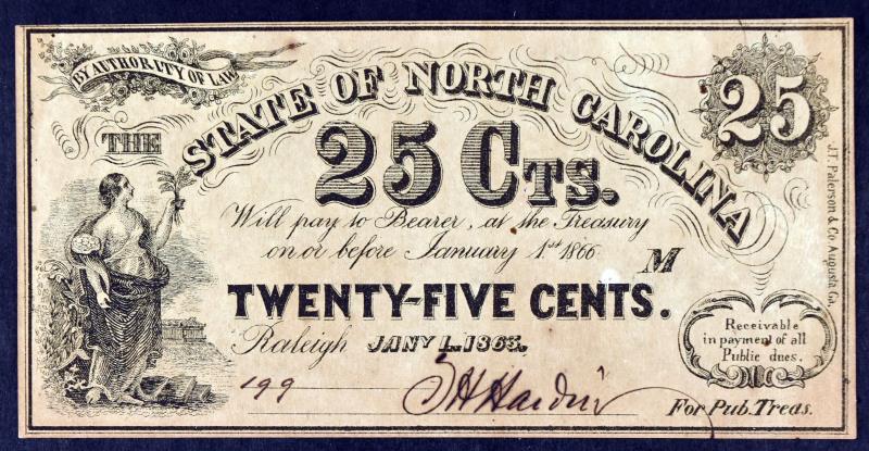 1863 25 Cent North Carolina Obsolete Note (1 of 2)