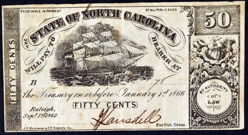 1862 50 Cents North Carolina Obsolete Note (1 of 2)