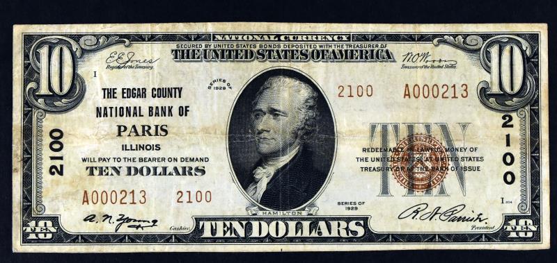 1929 $10 National Currency Paris Illinois: Featuring One 1929 $10 The Edgar County Bank Of Pairs Illinois National Currency.
