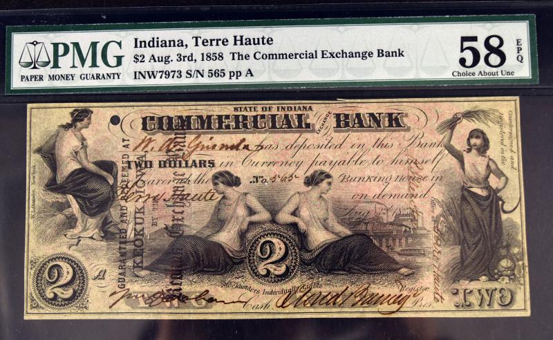 1858 $2 Commercial Bank Terre Haute Indiana Pmg 58 (1 of 2)
