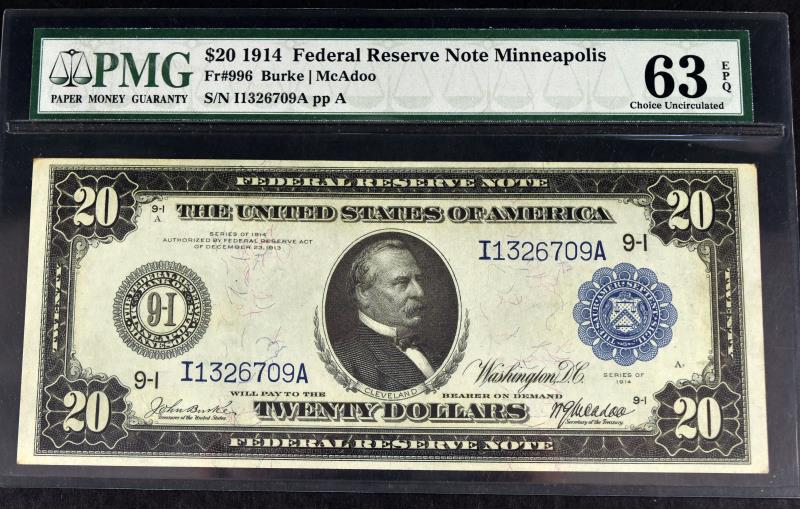 1914 $20 Minneapolis Federal Reserve Note Pmg 63 (1 of 2)