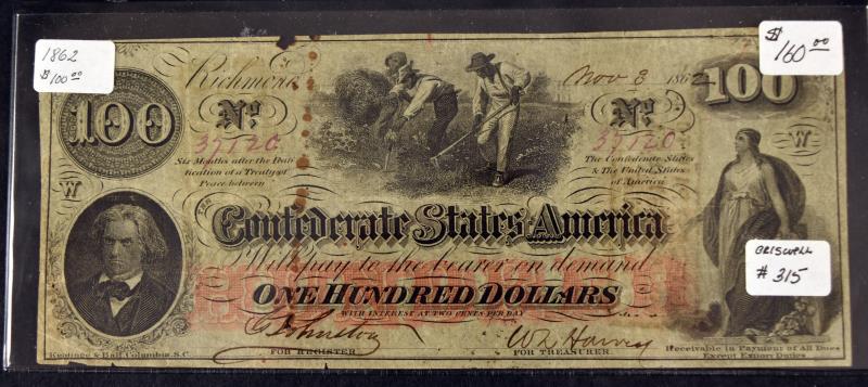 1862 $100 Confederate States Of America Currency: Featuring One 1862 $100 Confederate States Of America Currency.