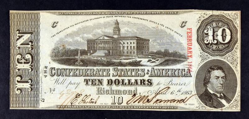 1863 $10 Confederate States Of America Currency: Featuring One 1863 $10 Confederate States Of America Currency