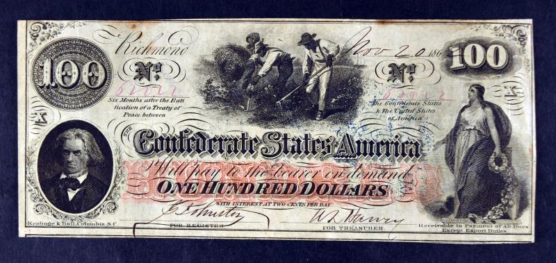 1862 $100 Confederate States Of America Currency: Featuring One 1862 $100 Confederate States Of America Currency.