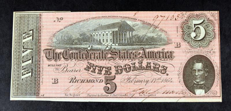 1864 $5 Confederate States Of America Currency: Featuring One 1864 $5 Confederate States Of America Currency.