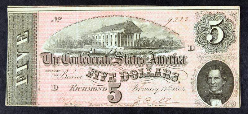 1864 $5 Confederate States Of America Currency: Featuring One 1864 $5 Confederate States Of America Currency.