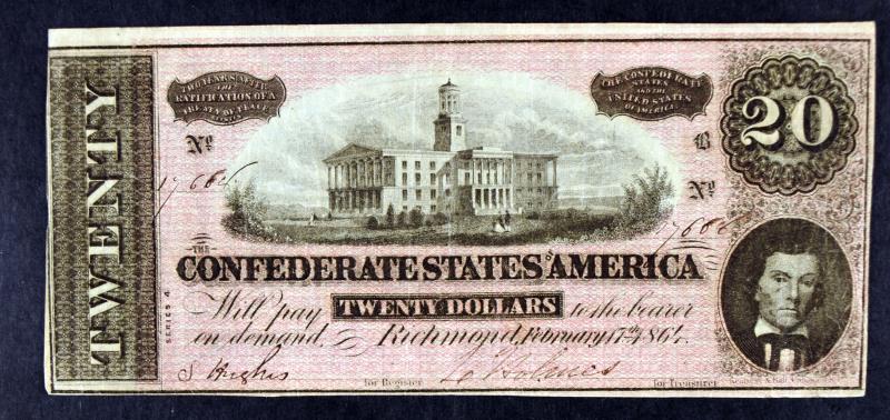 1864 $20 Confederate States Of America Currency: Featuring One 1864 $20 Confederate States Of America Currency.