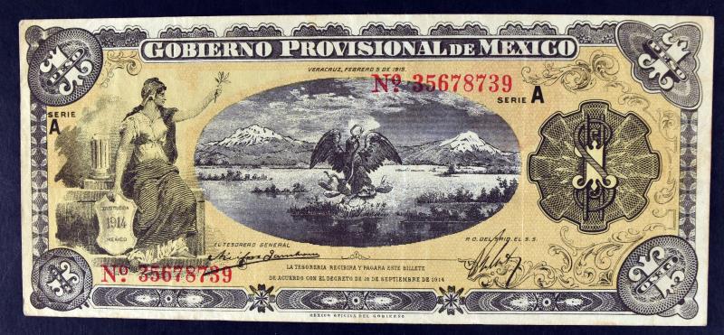 1914 $1 Peso Gobierno Provisional De Mexico Note (1 of 2)