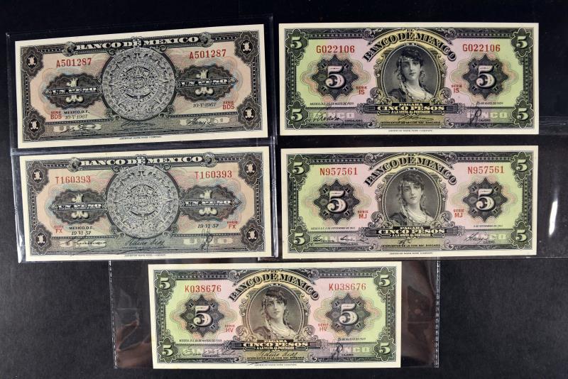 1957-59 $1 & $5 Pesos Banco De Mexico Currency: Featuring Two 1957 $1 Pesos And Three 1959 $5 Pesos El Banco De Mexico Currency.