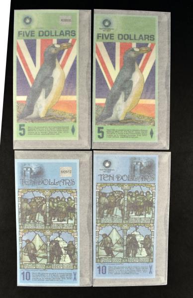 Antarctica Overseas Exchange Office Currency: Featuring A 2008 & 2011 $5 Currency And A 2009 & 2011 $10 Currency, All Are Uncirculated.