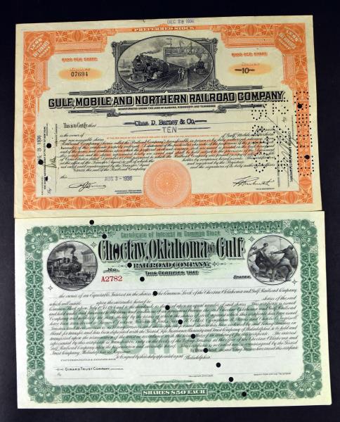 Choctaw, Oklahoma & Gulf Railroad Stock: Featuring One Stock Certificate From The Choctaw, Oklahoma & Gulf Railroad Company. Together With A Railroad Stock Certificate From The Gulf, Mobile And Northern Railroad Company.