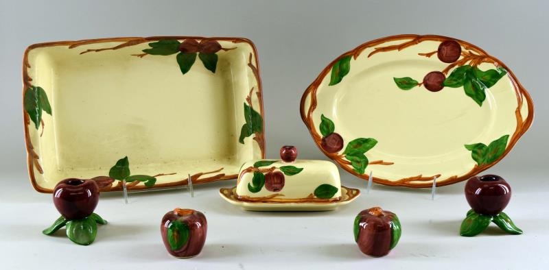 Franciscan Ware Apple Serving Pieces: Consisting Of A Casserole Dish Measuring 2" Tall, 14" Wide And 9" Across, In Good Condition, No Nicks, Chips Or Cracks. A Platter Measuring 14" X 10", In Good Condition, No Nicks, Chips Or Cracks. A C