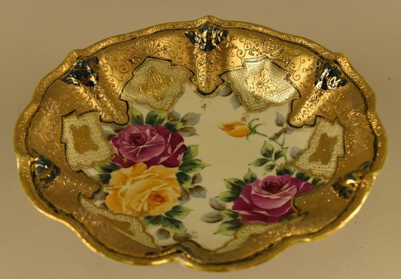 Nippon Gold Encrusted Moriage H. P. Roses Bowl: Featuring A Gold Encrusted Hand Painted With Yellow And Red Roses Moriage Bowl. The Bowl Measures 3" Tall And Almost 11" Across. The Bowl Is In Very Nice Condition, No Nicks, Chips Or Cracks, There Is